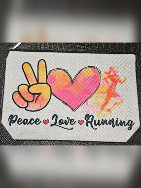 Peace Love Running Canvas women makeup bag . - Pink & Orange Heart New